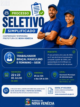 Prefeitura de Nova Ven�cia anuncia processo seletivo para contrata��o de Trabalhador Bra�al