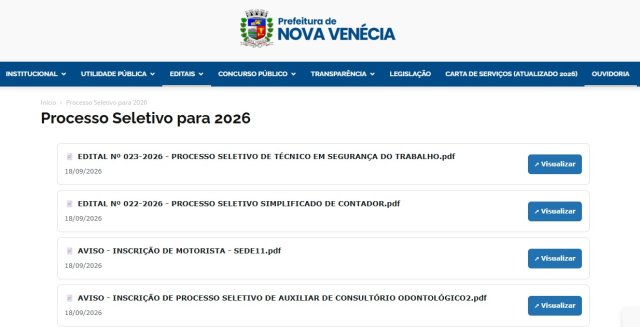 Prefeitura de Nova Ven�cia abre processos seletivos para contrata��o de contador e t�cnico em seguran�a do trabalho