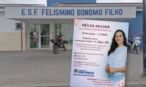 Mês da Mulher: Nova Venécia realiza p...<p>Em alusão ao Mês da Mulher, a Prefeitura de Nova Venécia, por meio da Secretaria Municipal de Saúde, promoverá uma palestra voltada aos cuidados com a saúde feminina. O evento acontece no dia 27 de março, às 13h30, na UBS Felismino Bonomo Filho.</p>