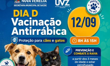 Dia D de vacinação antirrábica acont...<p>A Prefeitura de Nova Venécia, por meio da Secretaria Municipal de Saúde - Unidade de Vigilância de Zoonoses, promove neste sábado, 12 de setembro, o dia D de Vacinação Antirrábica 2026.</p>