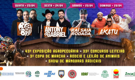 Prefeitura de Nova Venécia divulga pro...<p>A Prefeitura de Nova Venécia, por meio da Secretaria Municipal de Cultura e Turismo, definiu as atrações que subirão aos palcos entre os dias 23 e 26 de abril, durante a Festa da Cidade, em comemoração aos 72 anos do município.</p>