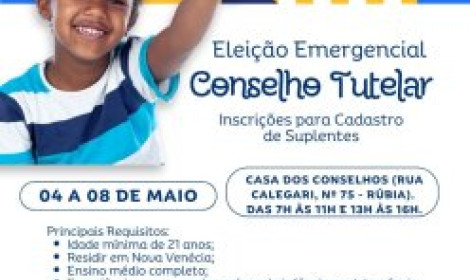 Conselho Tutelar de Nova Venécia abre ...<p>O Conselho Municipal dos Direitos da Criança e do Adolescente (CMDCA), anunciou para esta semana a abertura das inscrições para o Processo de Escolha Suplementar, em caráter emergencial, destinado à formação de cadastro de suplentes do Conselho Tutelar de Nova Venécia.</p>